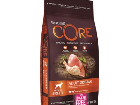 Wellness Core Original Turkey and Chicken Grain Free Adult Dry Dog Food 10kg + 2kg Free Cheap