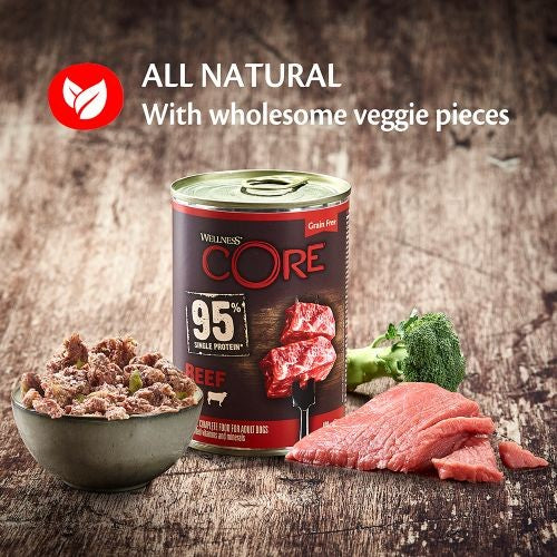 Wellness Core 95% Beef with Broccoli Wet Adult Grain Free Wet Dog Food 6 x 400g Supply