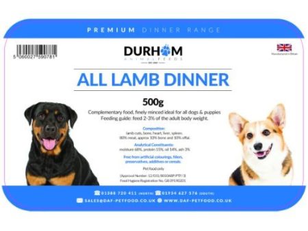 Durham Animal Feeds Raw Dog Food-  Lamb Dinner 500g For Sale