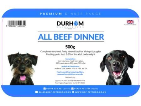 Durham Animal Feeds Raw Dog Food-Beef Dinner 500g For Sale