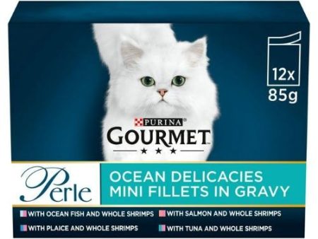 Gourmet Perle Ocean Delicacies Mini Fillets in Gravy Cat Food Pouches 12x85g Supply