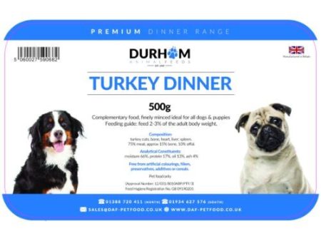 Durham Animal Feeds Raw Dog Food- Turkey Dinner 500g For Discount